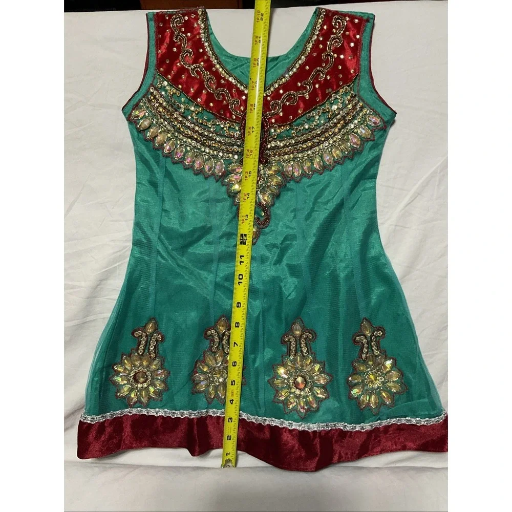 Flare Dress Girls Teal  Floral Embellished Sheer‎ Rhinestone India See Pictures